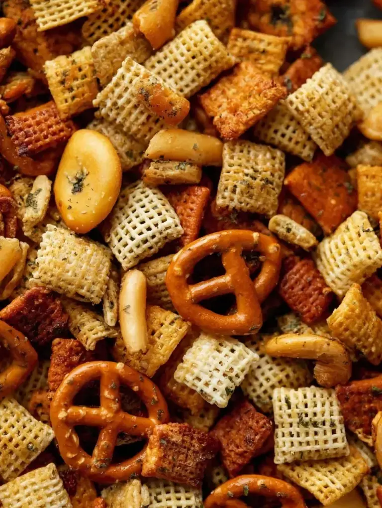 Large bowl of Traditional Savory Homemade Chex Mix on a wooden table