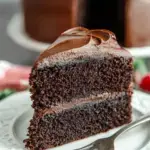 A double layer Homemade Chocolate Cake with rich frosting on a wooden table.