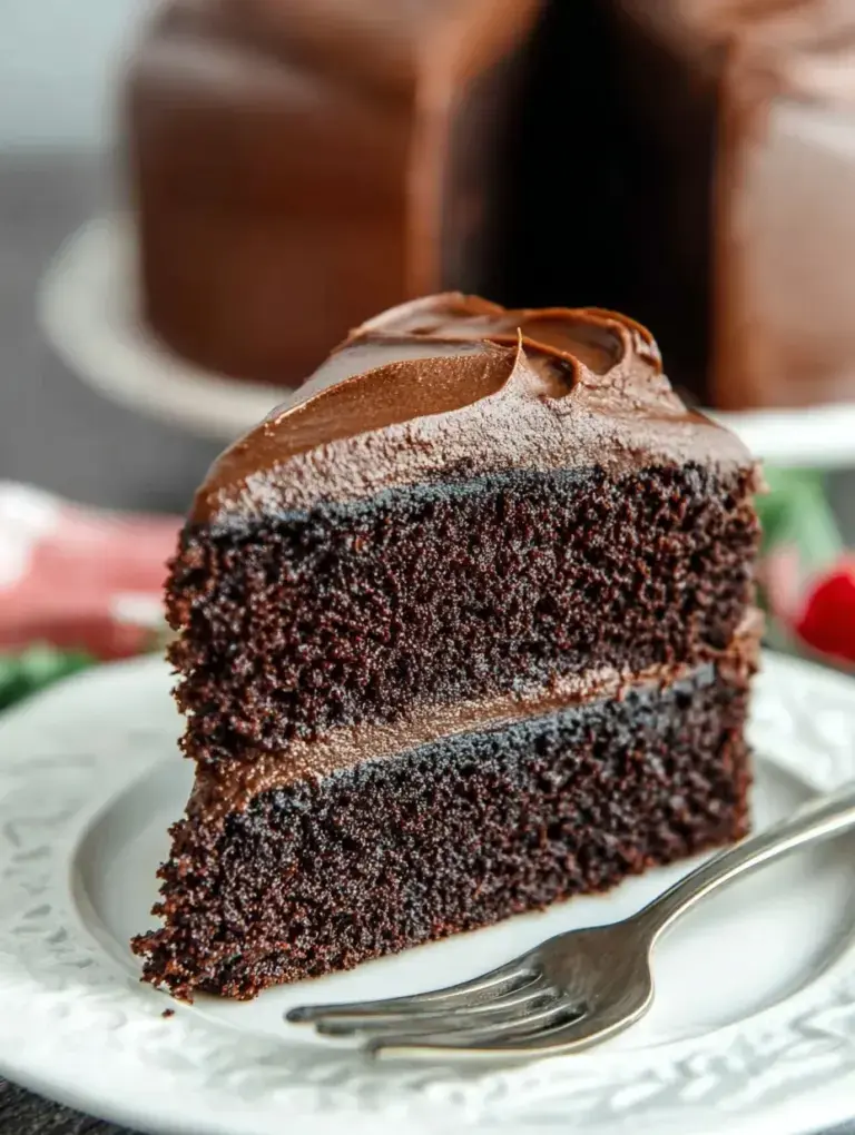 A double layer Homemade Chocolate Cake with rich frosting on a wooden table.