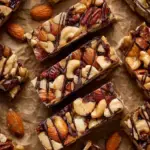 Golden brown homemade kind nut bars with almonds and walnuts on parchment paper