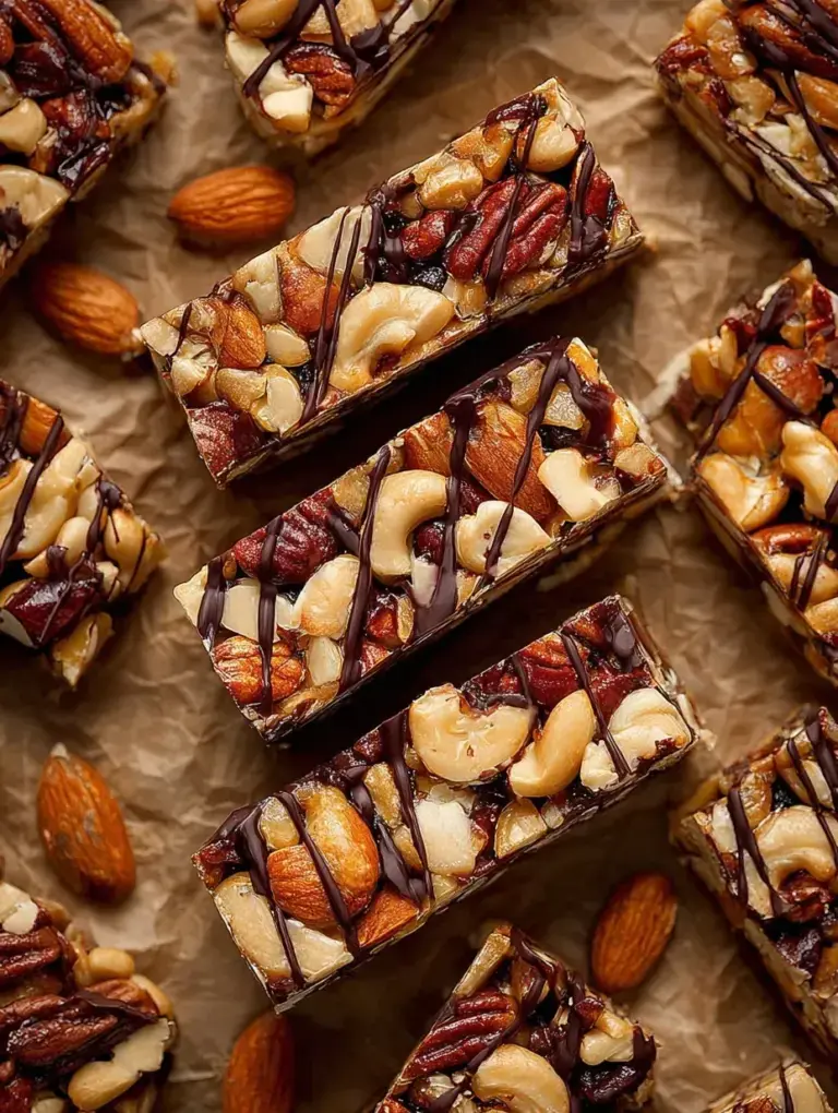 Golden brown homemade kind nut bars with almonds and walnuts on parchment paper