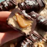 A stack of Homemade Protein Snickers Bars with a gooey date caramel layer and dark chocolate coating.