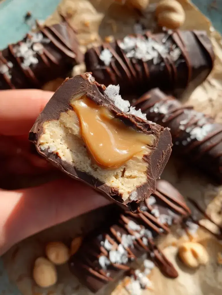 A stack of Homemade Protein Snickers Bars with a gooey date caramel layer and dark chocolate coating.