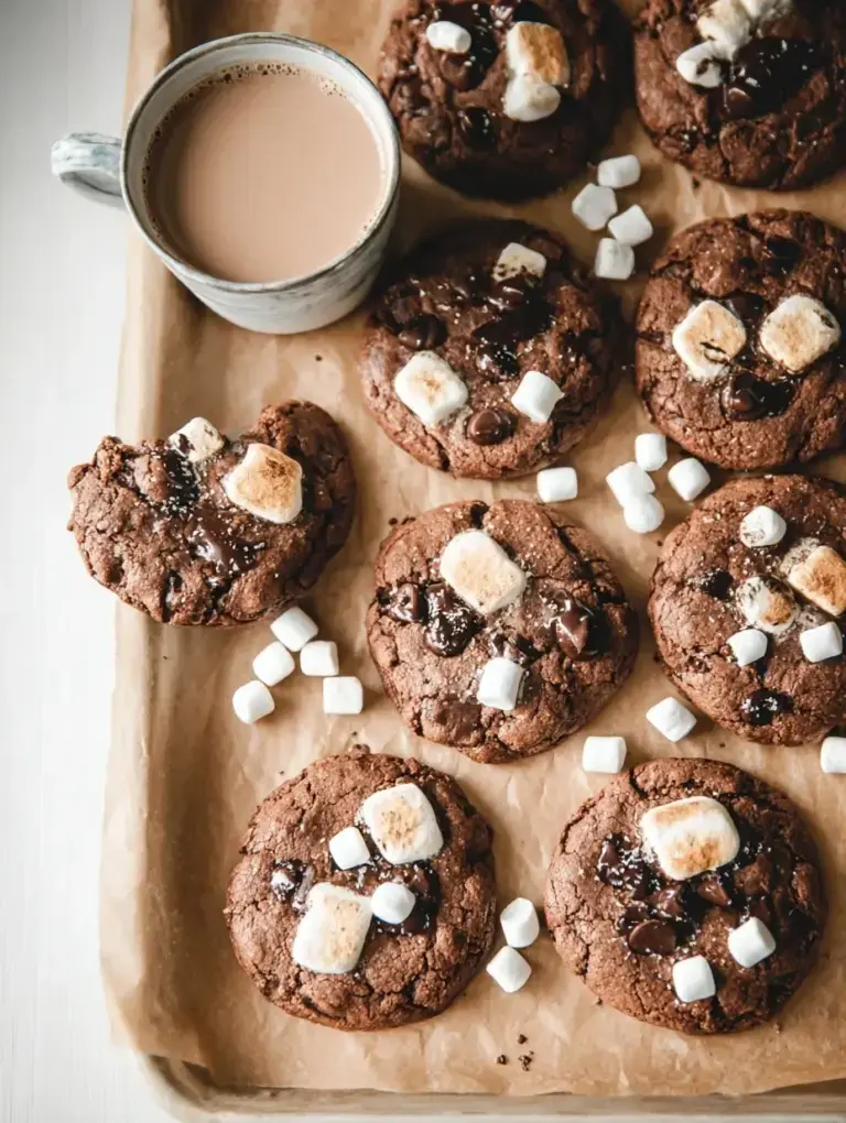 A close up of a fudgy Vegan Gluten-Free Hot Chocolate Cookie topped with melted white marshmallows and chocolate chips.