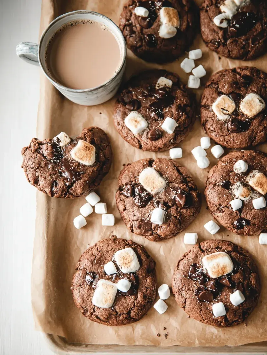 A close up of a fudgy Vegan Gluten-Free Hot Chocolate Cookie topped with melted white marshmallows and chocolate chips.