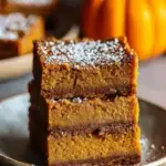 A platter of sliced Vegan Pumpkin Bars for Thanksgiving topped with white frosting and a sprinkle of cinnamon.