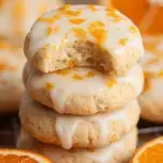 A tray of golden Iced Almond Flour Orange Cookies with a white citrus glaze drizzle.