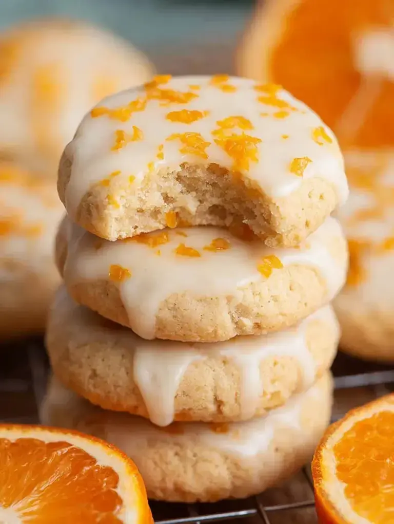 A tray of golden Iced Almond Flour Orange Cookies with a white citrus glaze drizzle.