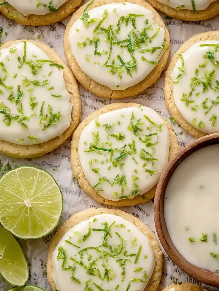 A plate of white powdered sugar coated Key Lime Cookies with visible crinkle cracks and lime zest.