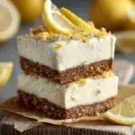A stack of sliced Lemon Cheesecake Protein Bars with lemon zest on a parchment-lined baking sheet.