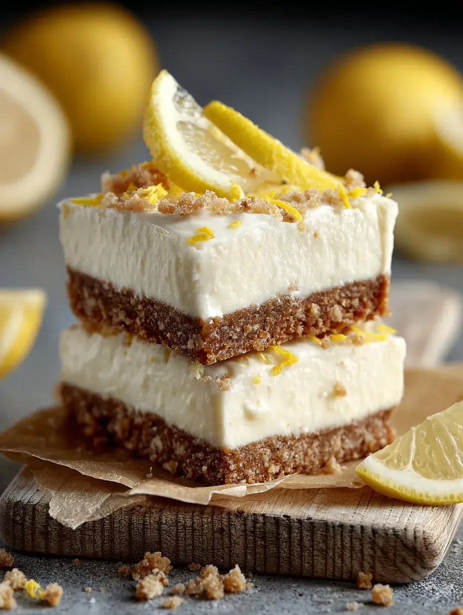 A stack of sliced Lemon Cheesecake Protein Bars with lemon zest on a parchment-lined baking sheet.