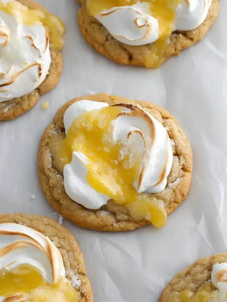 A plate of toasted Lemon Meringue Pie Sugar Cookies with bright yellow curd centers and golden peaks.