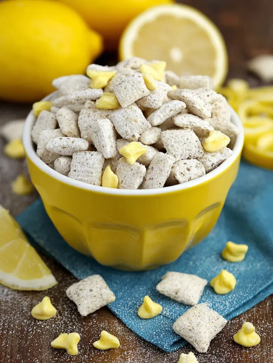 A bowl of powdered sugar coated lemon muddy buddies snack mix on a kitchen counter