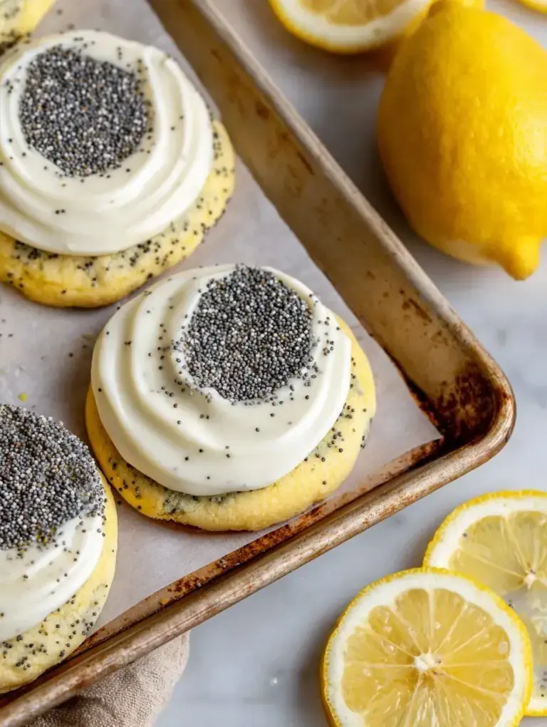Freshly baked Lemon Poppy Seed Cheesecake Cookies on a wire rack showing the soft texture and poppy seeds