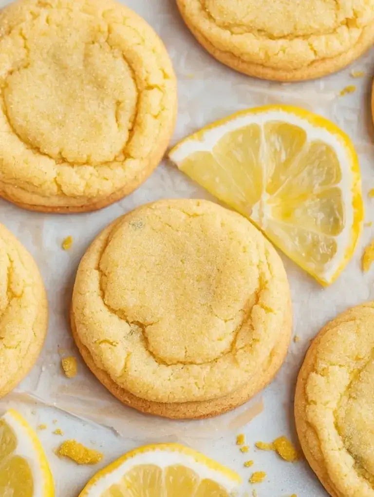A stack of soft lemon sugar cookies coated in granulated sugar on a cooling rack