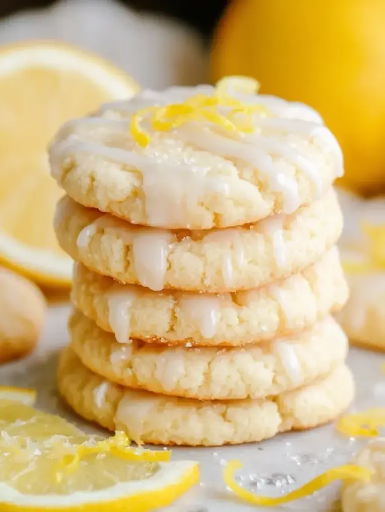 A plate of sparkling Lemon Sugar Cookies with golden edges and a sugar-dusted top