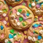 A stack of Lucky Charm Cookies showing colorful dehydrated marshmallows on top and crispy golden edges.