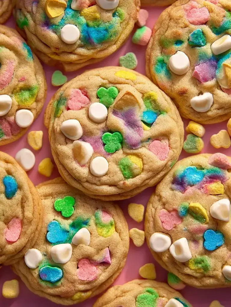 A stack of Lucky Charm Cookies showing colorful dehydrated marshmallows on top and crispy golden edges.