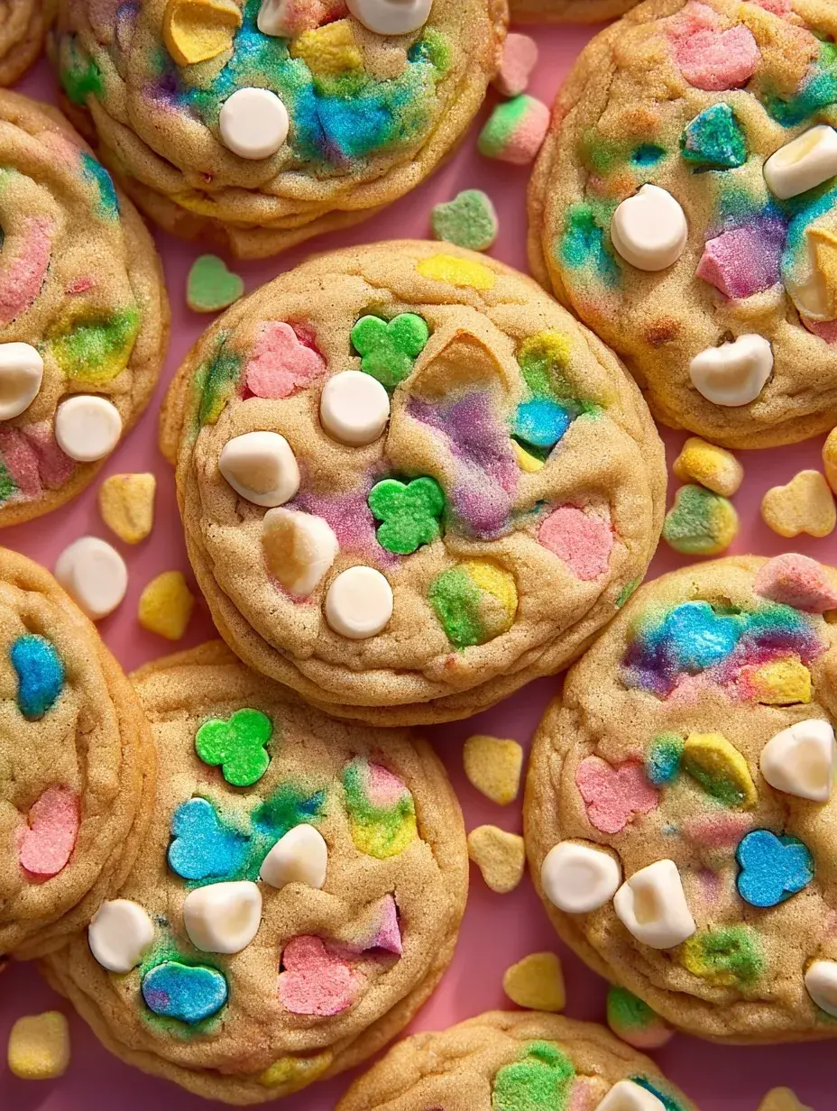A stack of Lucky Charm Cookies showing colorful dehydrated marshmallows on top and crispy golden edges.