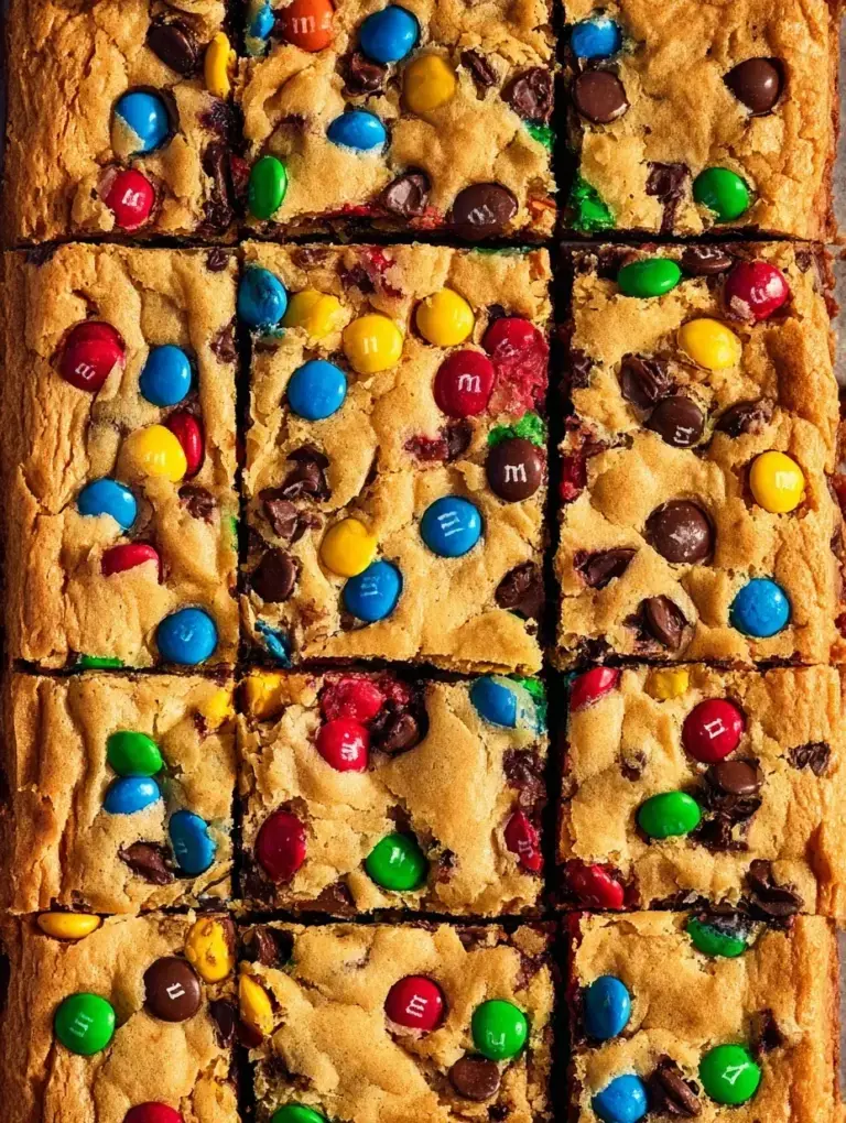 A stack of chewy M&M Cookie Bars showing the soft center and colorful candy topping.