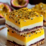 Creamy yellow mango and passionfruit bars on a buttery biscuit base.