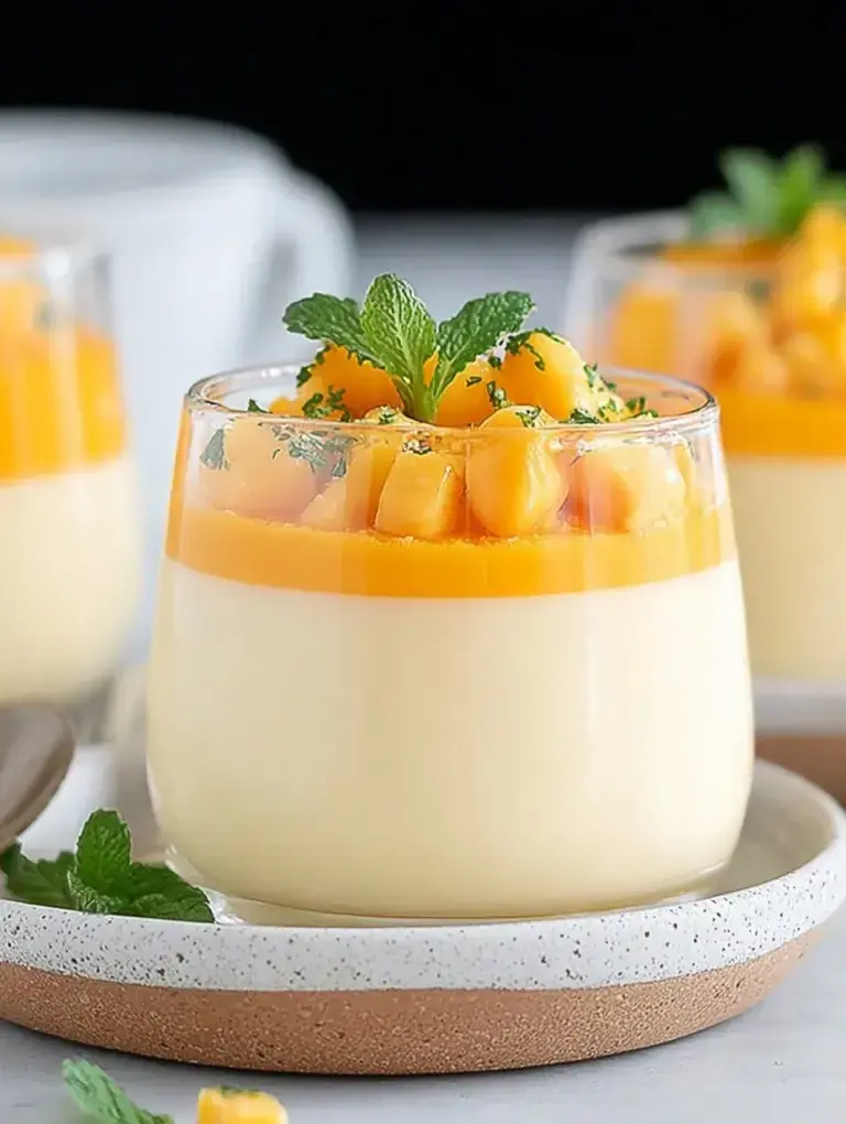 A close up of individual glasses of Mango Panna Cotta topped with bright yellow fruit puree