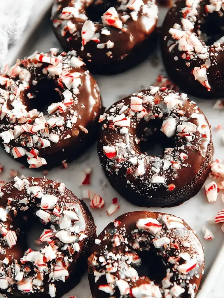 Baked Medjool Date Chocolate Peppermint Donuts with dark chocolate glaze and crushed candy canes on a wire rack