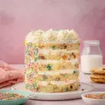 A tall Milk Bar Birthday Cake with colorful layers and rainbow sprinkles on a cake stand