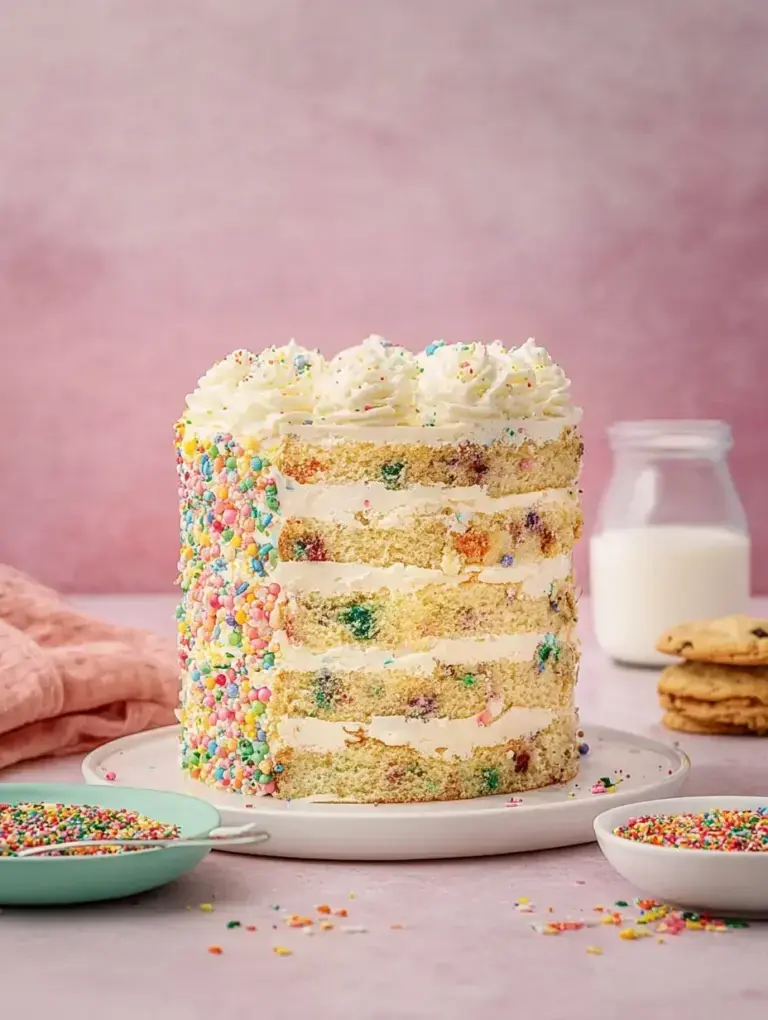 A tall Milk Bar Birthday Cake with colorful layers and rainbow sprinkles on a cake stand