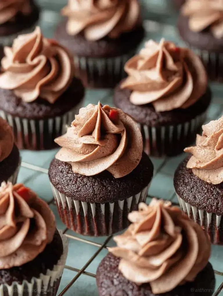 A batch of moist Mini Chocolate Cupcakes on a wire cooling rack