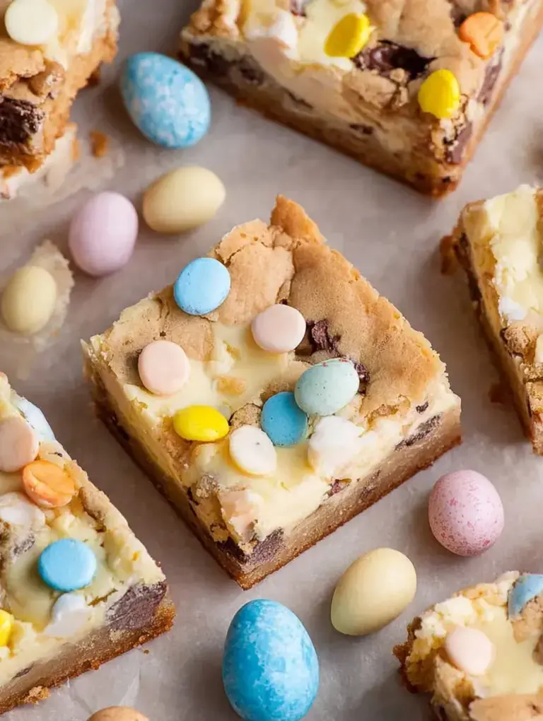A close up of sliced Mini Egg Cheesecake Cookie Bars showing the layers
