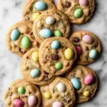 A stack of freshly baked Mini Egg Easter Cookies showing colorful crushed candy shells and melted chocolate chips.