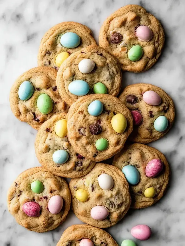 A stack of freshly baked Mini Egg Easter Cookies showing colorful crushed candy shells and melted chocolate chips.