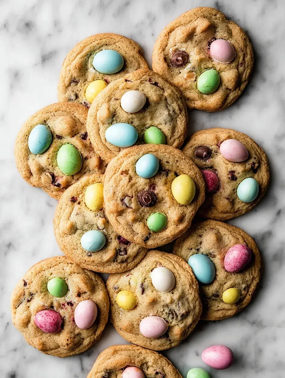 A stack of freshly baked Mini Egg Easter Cookies showing colorful crushed candy shells and melted chocolate chips.