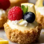 A tray of Mini Lemon Cheesecake Tarts topped with bright yellow lemon curd and fresh zest