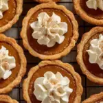 A tray of freshly baked Mini Pumpkin Pies topped with whipped cream
