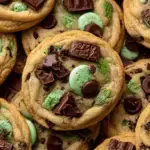 Freshly baked Mint Chocolate Chip Cookies on a cooling rack showing the vibrant green color and melty chocolate chips