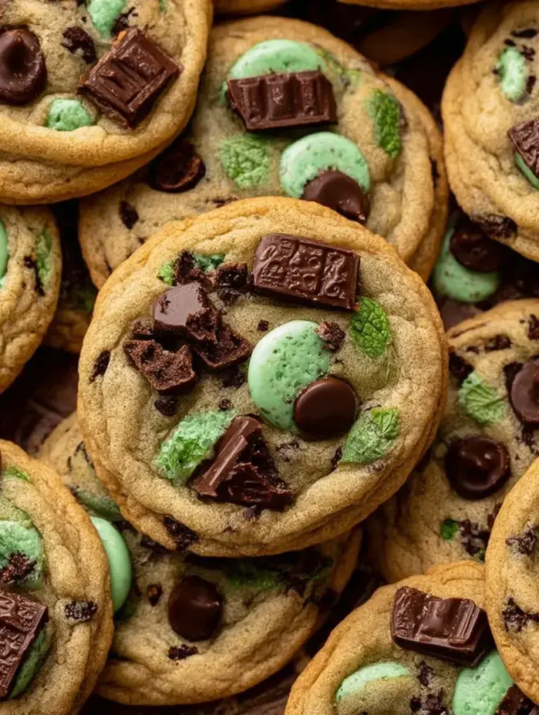 Freshly baked Mint Chocolate Chip Cookies on a cooling rack showing the vibrant green color and melty chocolate chips