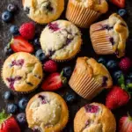 Freshly baked Mixed Berry Muffins in a tin on a wooden table