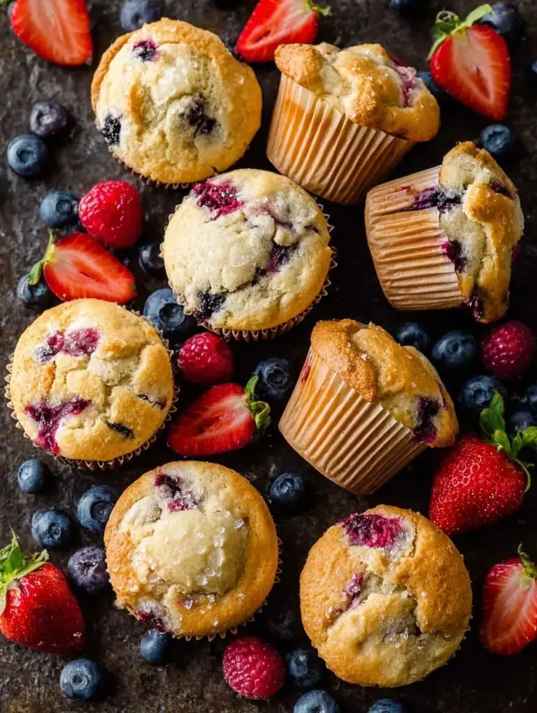 Freshly baked Mixed Berry Muffins in a tin on a wooden table