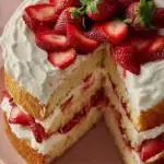 A beautiful sliced Moist Strawberry Shortcake Cake topped with fresh strawberries and whipped cream on a white plate