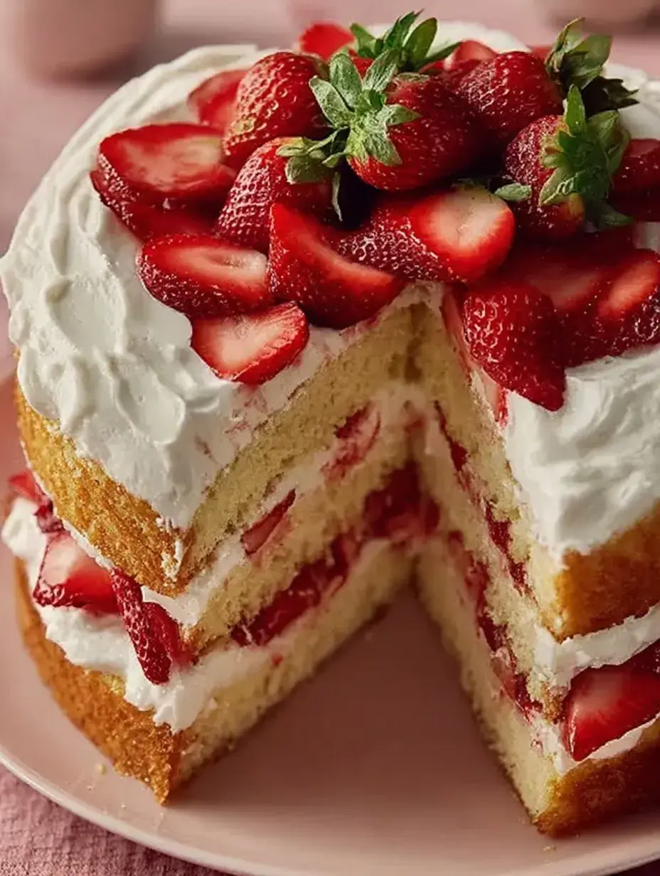 A beautiful sliced Moist Strawberry Shortcake Cake topped with fresh strawberries and whipped cream on a white plate