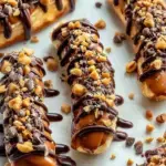 A tray of Frozen Banana Snickers bites with a dark chocolate coating and chopped peanuts on a parchment-lined sheet.
