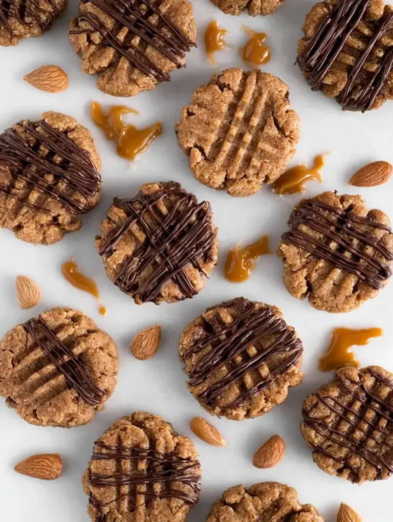 A plate of dense, healthy no bake almond butter cookies with mini dark chocolate chips on a wooden table.