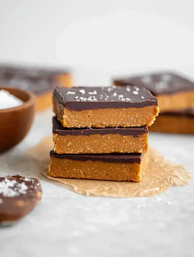 A tray of sliced No Bake Chocolate Peanut Butter Protein Bars showing the dense peanut butter base and smooth chocolate topping.