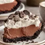 A slice of creamy No Bake Chocolate Pie on a white plate with whipped cream on top.
