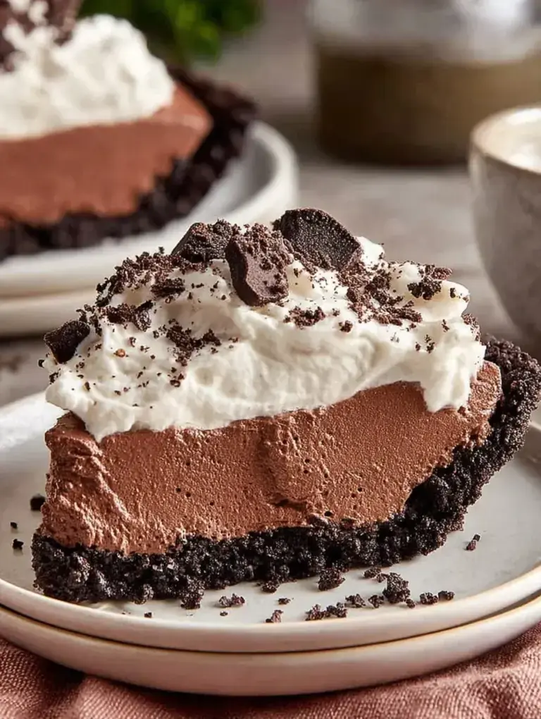 A slice of creamy No Bake Chocolate Pie on a white plate with whipped cream on top.