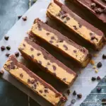 A stack of homemade No-Bake Cookie Dough Bars with a chocolate topping on parchment paper.