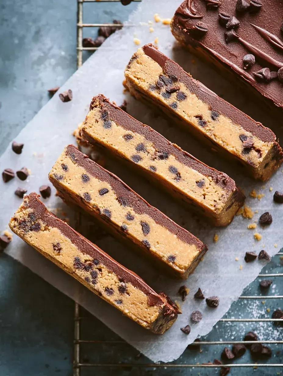 A stack of homemade No-Bake Cookie Dough Bars with a chocolate topping on parchment paper.