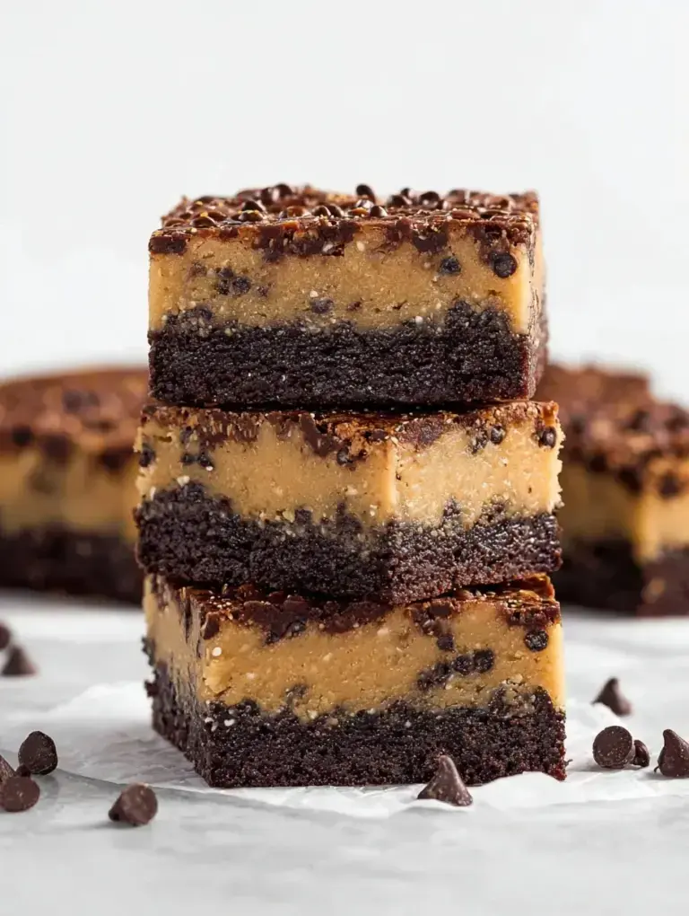 A stack of sliced No Bake Cookie Dough Brownies showing the chocolate base and dough layers